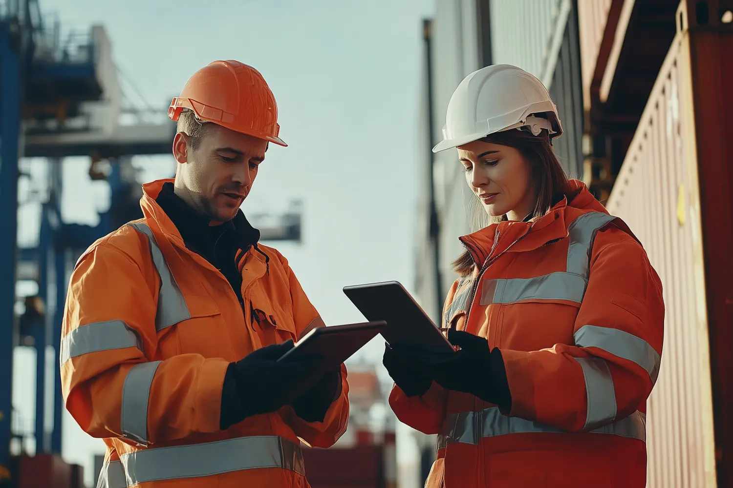Vielbeschäftigte Hafenarbeiter arbeiten an einem Containerterminal zusammen