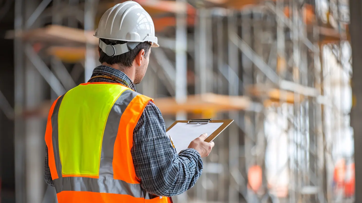 Baustelleningenieur in Schutzausrüstung inspiziert die Umgebung mit Zwischenablage